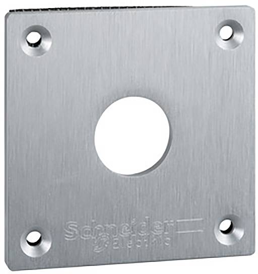 Metal plate with a central hole and four corner drill holes for fixing. Brand name engraved below. Suitable for mounting purposes.