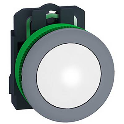 A round, illuminated push button with a green ring and grey border, mounted on a black base.