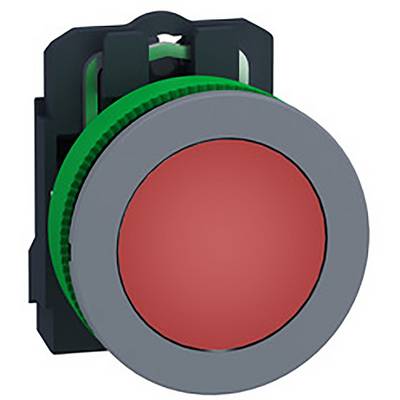 Red push button with green border on white background.