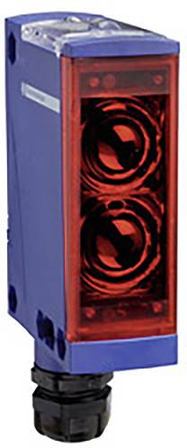 A rectangular blue sensor with a red front cover containing two circular lenses.