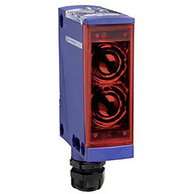 A rectangular blue sensor with a red front cover containing two circular lenses.