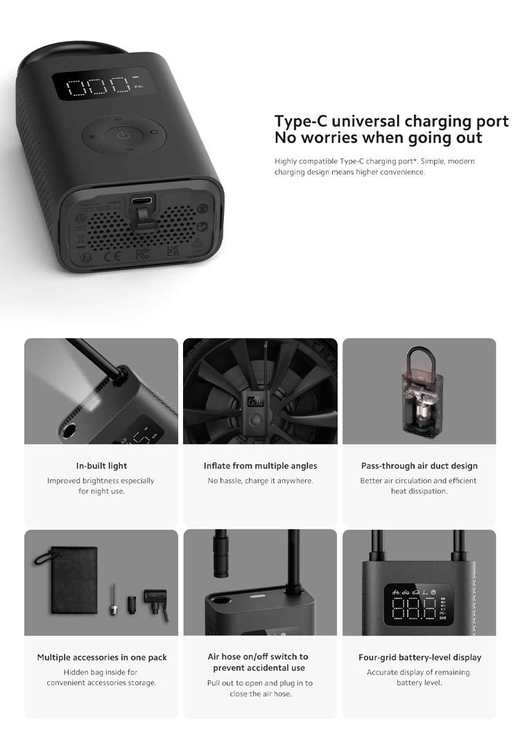 Portable air compressor device with digital display and Type-C charging port. Offers inflatable tyre and lighting functions. Includes accessories and safety features.