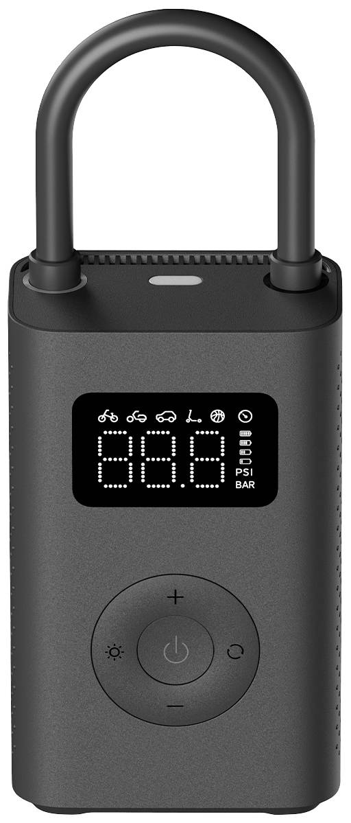 Portable, rechargeable air compressor with digital display, pressure indication in PSI/BAR for bicycle, car, and motorcycle tyres.