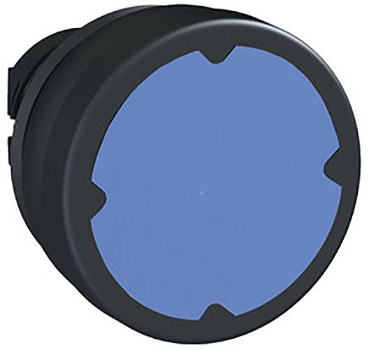A round, blue pushbutton switch with a black border.
