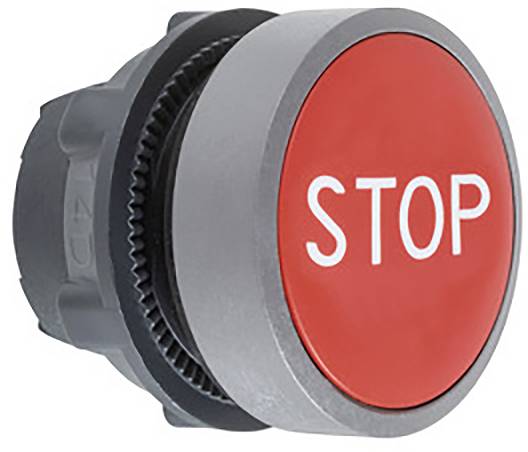 Red stop button with white 'STOP' text in the centre, surrounded by a grey border. Commonly used for safety or in emergencies.