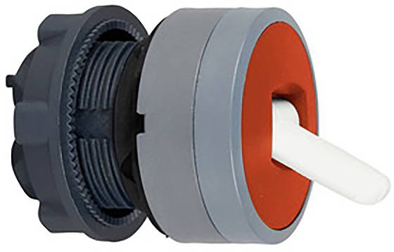 A grey rotary switch with a red front face and white handle, suitable for industrial applications.