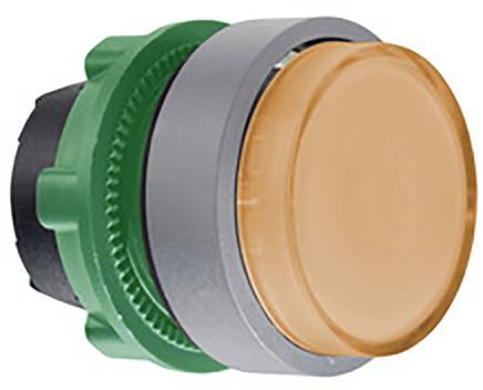 A round, orange push button, surrounded by a green and a grey ring, is shown from a side view.