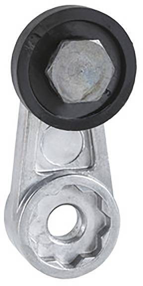 Metal hinge component with a round joint and hexagonal screw mounting, with a black rubber ring on top. Suitable for connections.