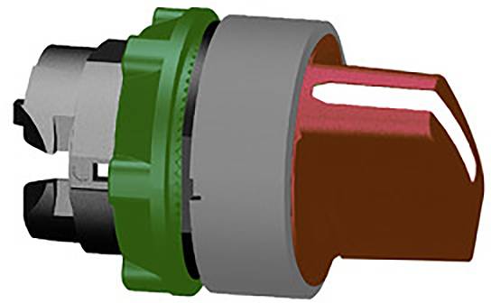 A red emergency stop push button with a green collar, used for quickly shutting down machines or equipment.