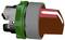 A red emergency stop push button with a green collar, used for quickly shutting down machines or equipment.
