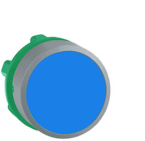 A round, blue button with a grey border and a green base, potentially symbolising an interaction or function.