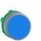 A round, blue button with a grey border and a green base, potentially symbolising an interaction or function.