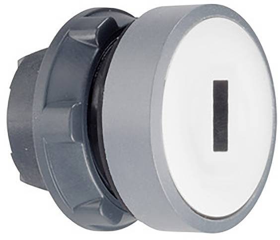 A grey circular rotary switch with a vertical black line on a white background, used for operating a device.