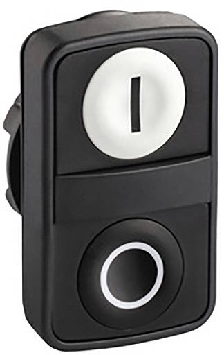 Black push button switch with two round buttons, one at the top with a white circle and one at the bottom with a white border.