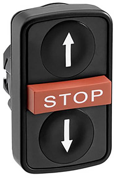 'Black toggle switch with two arrows: top pointing upwards, bottom pointing downwards. Red button in the centre with the inscription 'STOP'.'