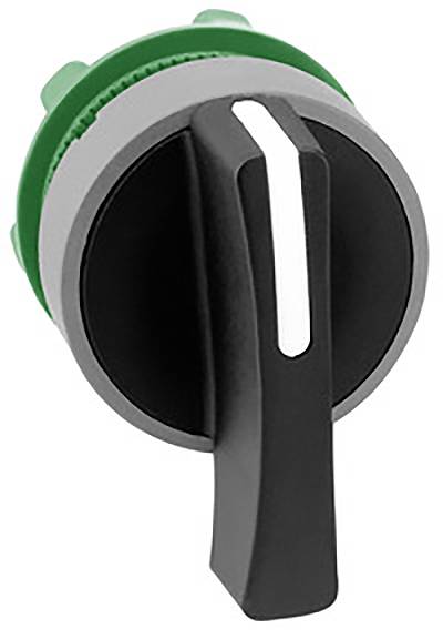 A black rotary knob with a vertical white stripe, surrounded by a grey ring and green bezel, points upwards.