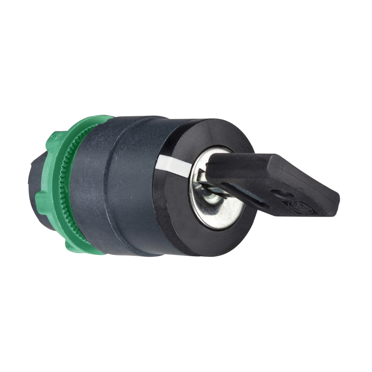 A black key switch with a green ring and a plastic key inserted is lying on a white background.