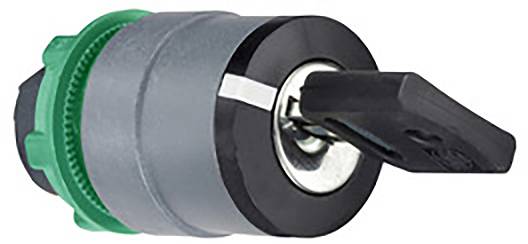 Metal lock with a black plastic key, set into a green plastic frame on a grey cylinder.