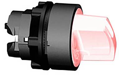 A illuminated, round red push button with a black housing, commonly used for signalling or control functions.