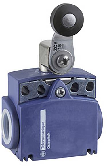 Blue position switch with metal roller lever, robust housing, suitable for industrial applications.