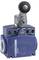 Blue position switch with metal roller lever, robust housing, suitable for industrial applications.