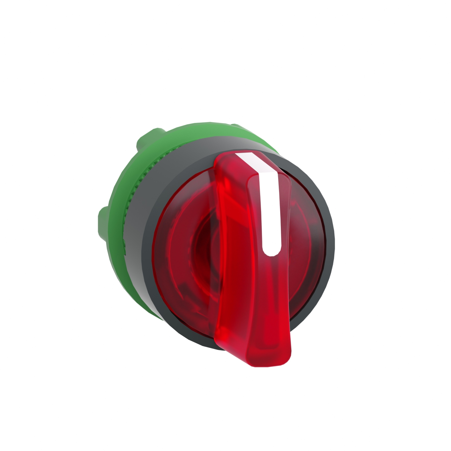Red emergency stop switch with green border, in central position.