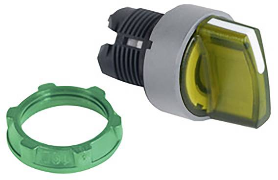 Rotary switch with a green ring, yellow cap, and grey housing. Commonly used in electronic control systems.