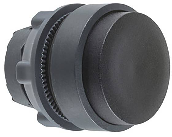 Round, black push button in close-up, mounted on a grey, cylindrical housing.