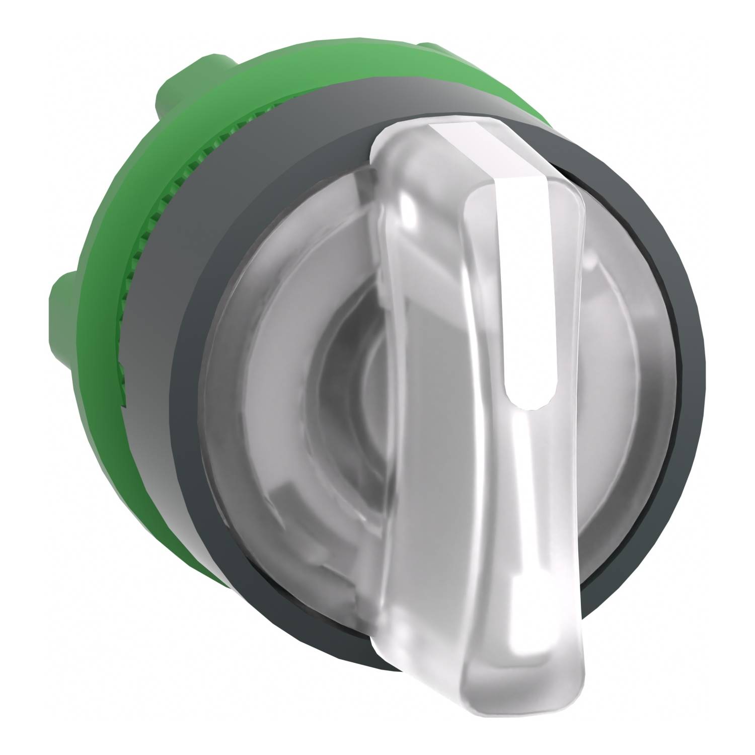 A green-grey rotary knob with a transparent handle in close-up. The knob is positioned in a technical context.