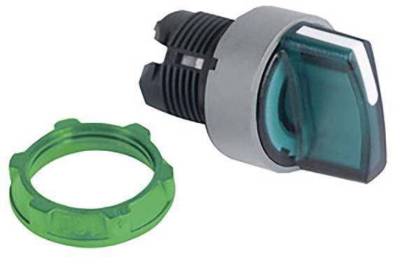 Green toggle switch with removable nut, suitable for control panels.