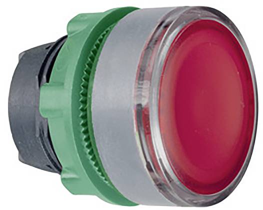 Red button in a green housing, presumably an emergency stop switch, against a white background.