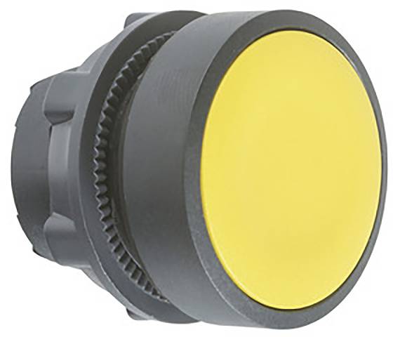 Yellow, round push button with a black border, often used for control or as an emergency stop switch in machinery.