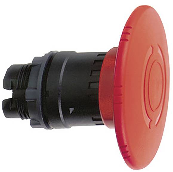 A large, red emergency stop switch in side view, made of black plastic.
