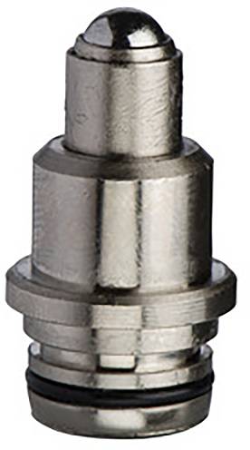 Metal component with a cylindrical upper section and grooves at the base, potentially a valve or connection in mechanical engineering.