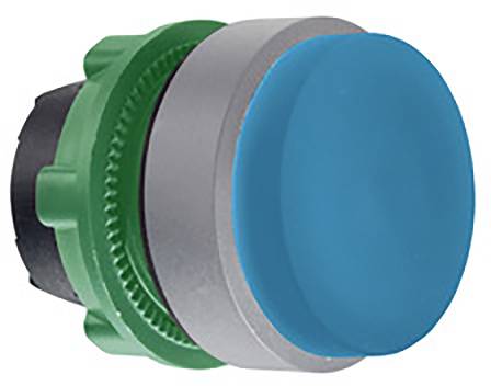 A blue push button with a green housing rim, suitable for control systems.
