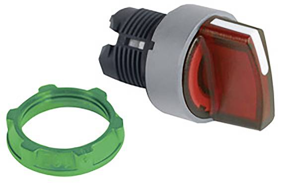 Red toggle switch and green retaining ring. The toggle switch is mounted on a screw base and is suitable for electronic applications.