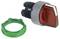 Red toggle switch and green retaining ring. The toggle switch is mounted on a screw base and is suitable for electronic applications.