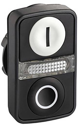 A rectangular, black rocker switch with two symbols: an 'I' at the top and an 'O' at the bottom. A translucent indicator light is positioned between them.