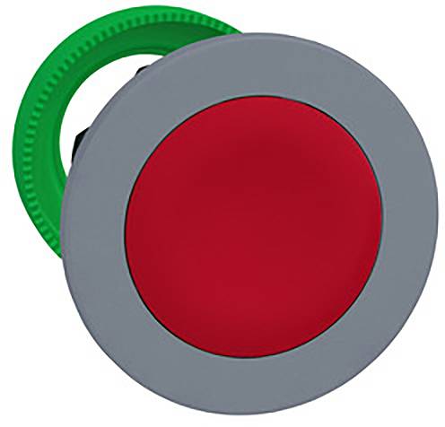 Grey and green emergency stop button with a red centre, commonly used for safety measures on machines or in emergency situations.