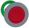 Grey and green emergency stop button with a red centre, commonly used for safety measures on machines or in emergency situations.