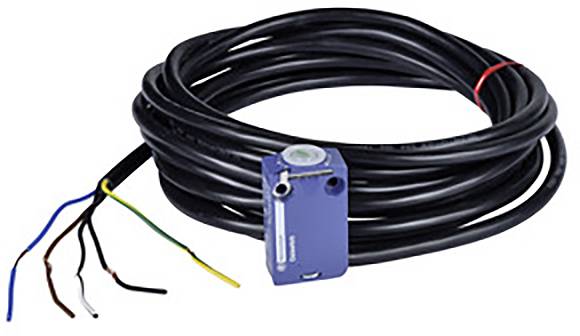 'Black cable with multiple wires and blue sensor box. Wires stripped to expose different coloured cores. Coiled and secured with red tape.'