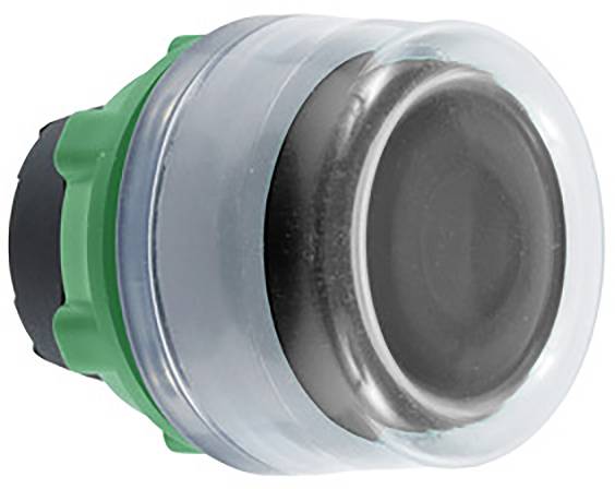 A round, black push button with a green border and transparent protective cap. Suitable for machine controls or lifts.