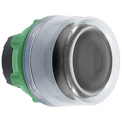 A round, black push button with a green border and transparent protective cap. Suitable for machine controls or lifts.