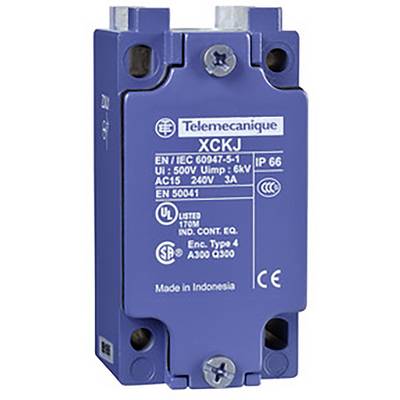A blue limit switch with the inscription 'Telemecanique XCKJ'. Rated for 500V, 6kV impulse, 3A. Protection type IP66, manufactured in Indonesia.