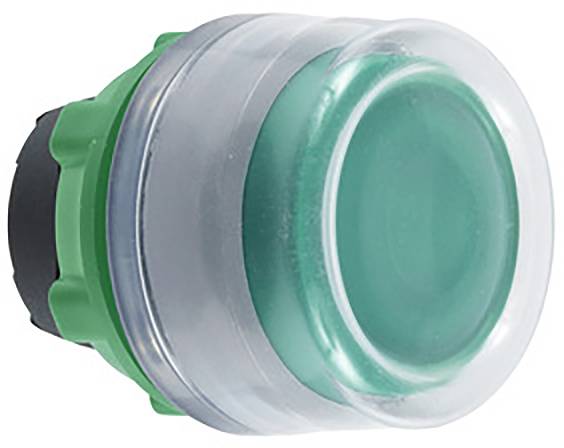 Green round push button with transparent rim, for machine controls in industrial applications.
