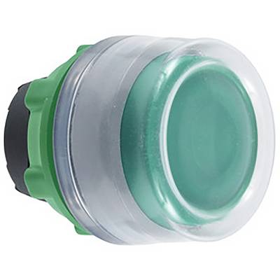 Green round push button with transparent rim, for machine controls in industrial applications.