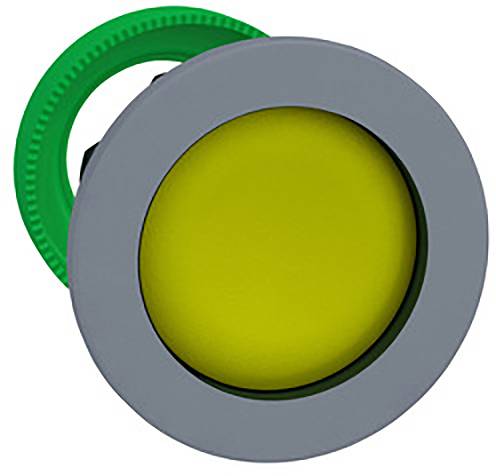 A grey button with a yellow inner area, surrounded by a green ring.