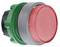 Red push button with silver rim and green base.
