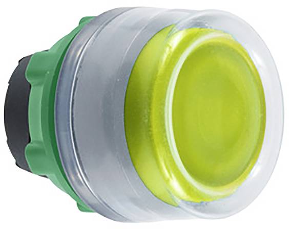 A round, green-yellow push button with a transparent plastic rim.