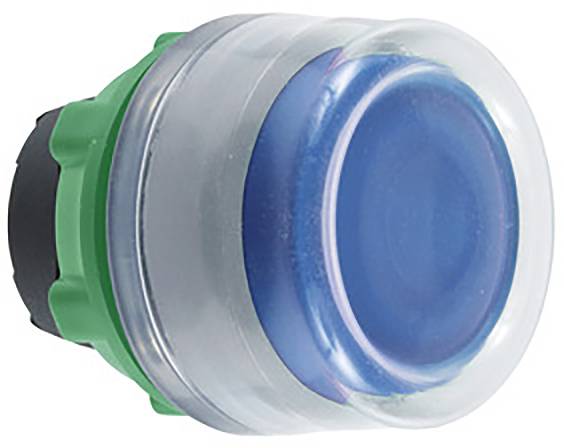 A large round push button, blue in the centre, surrounded by a green ring. The button has a transparent outer edge.